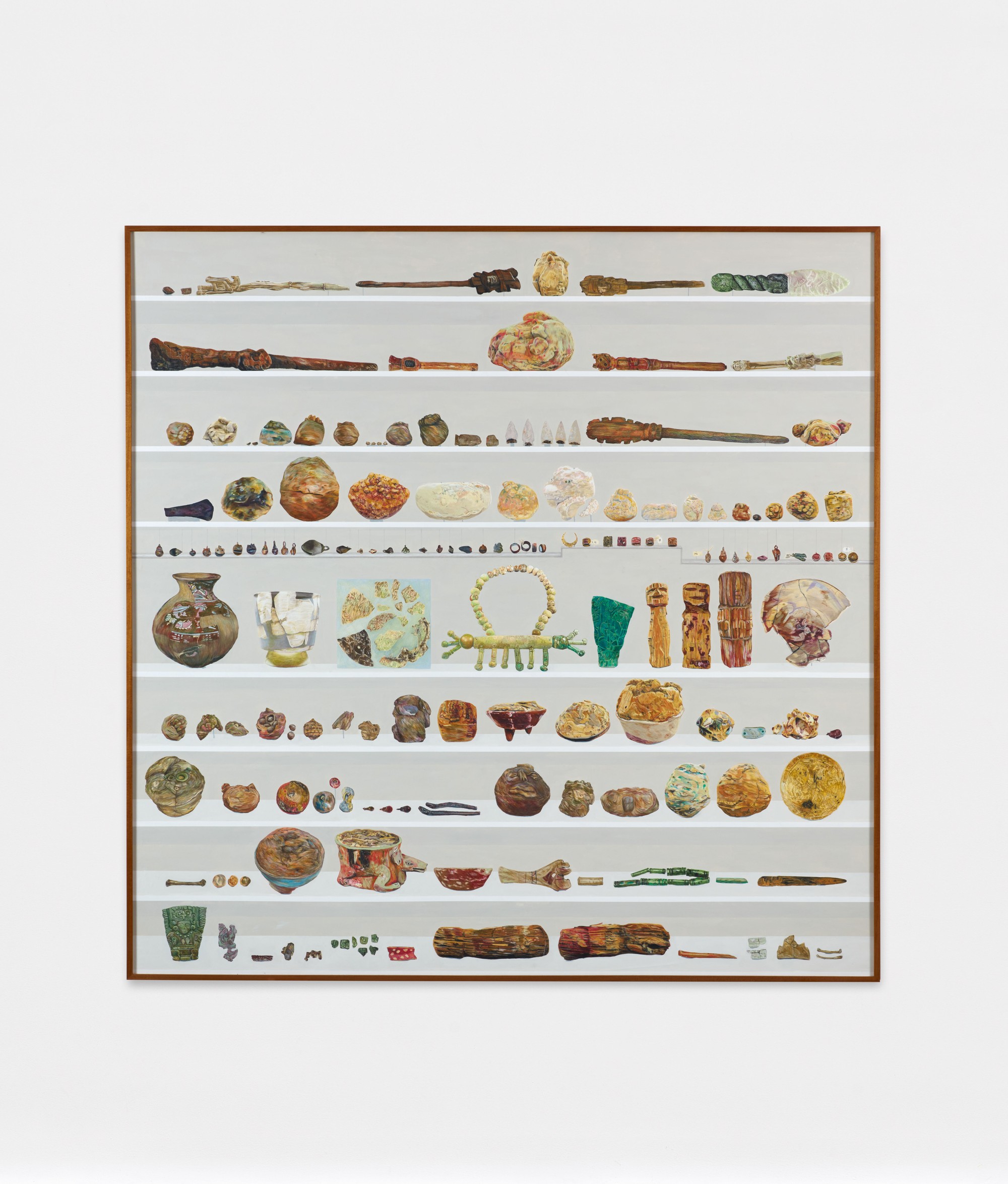 Image of a painting by Gala Porras Kim showcasing objects on shelves.
